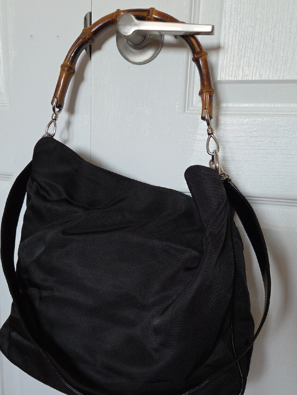 Gucci Black Shoulder Bag with Bamboo Handle and Removable Strap